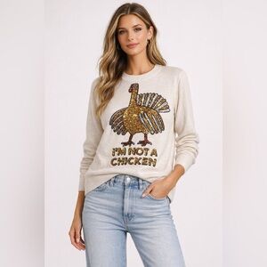 H&M Vintage cream Sweater with Sequin “I’m not a chicken” Thanksgiving sweater S